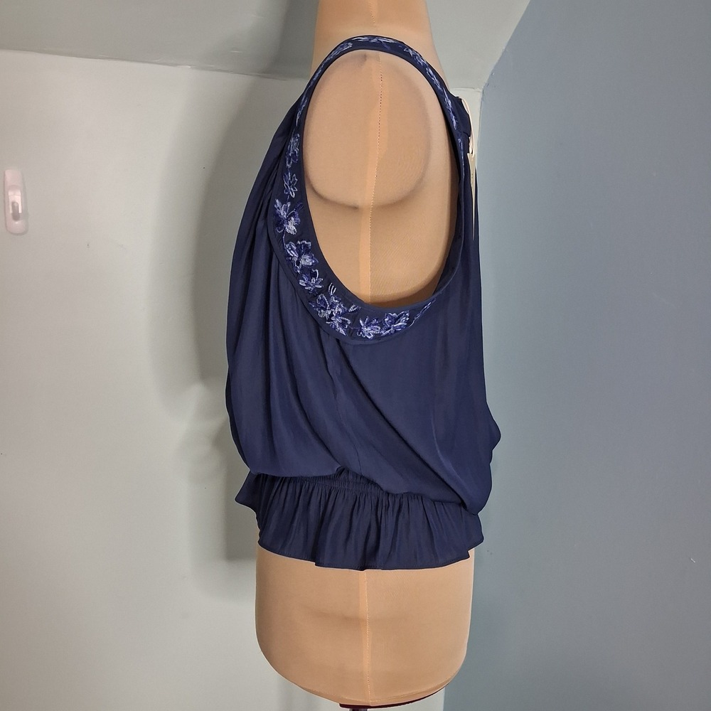 Ramy Brook Satin Blue Embroidered Sleeveless Smocked Peplum Top Large NWT - Picture 3 of 13